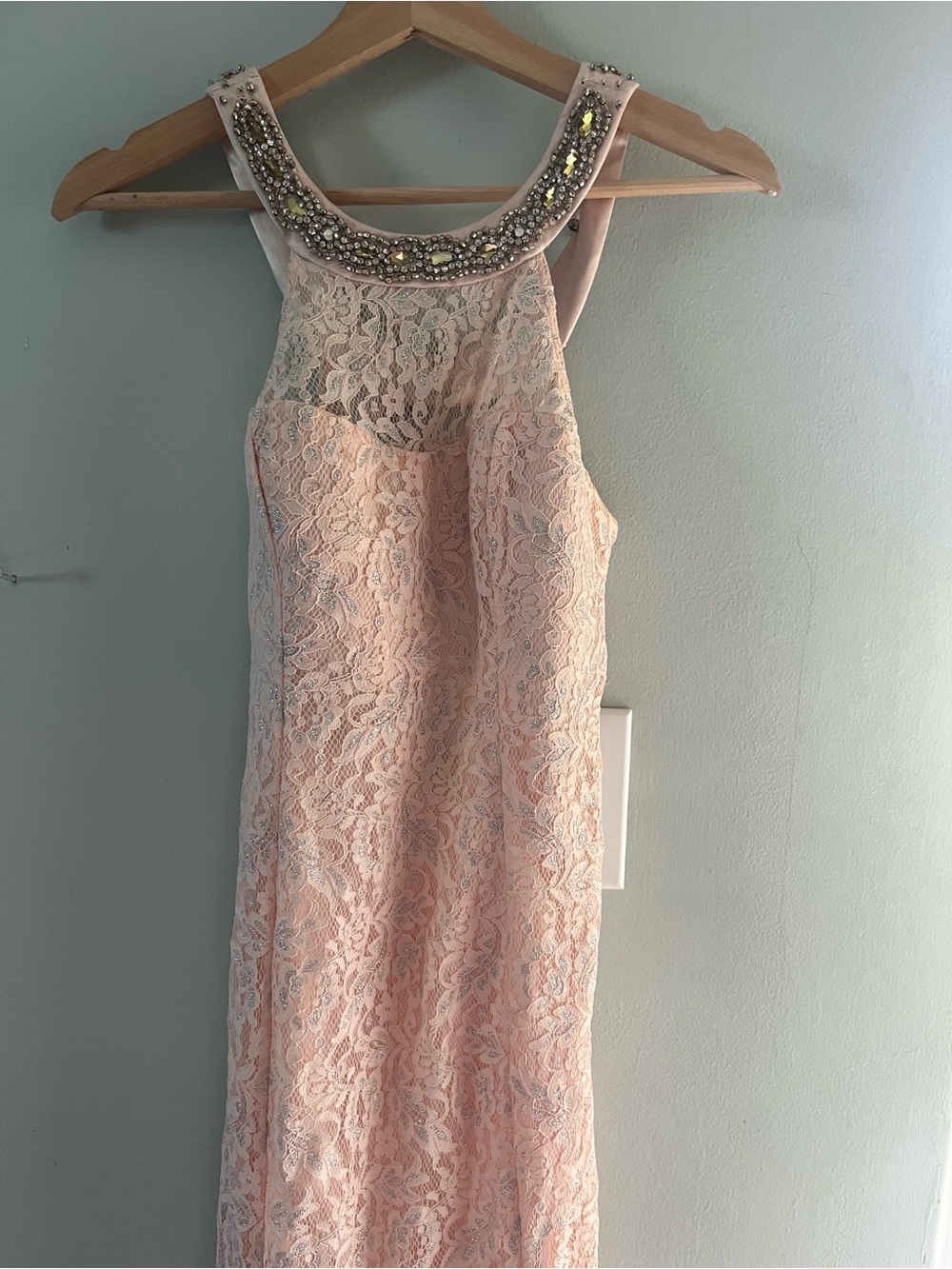 Embellished Lace Halter Evening Dress in Blush Pink